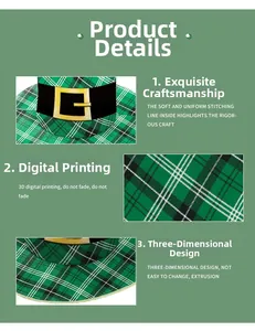 Detail of St. Patrick's Day green plaid hat showing 3D digital printing and gold buckle