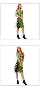 Detail view of the V-neck and St. Patrick's Day patterns on the irregular dress