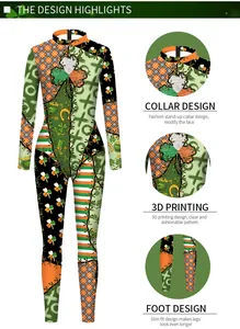 Detail view of St. Patrick's Day jumpsuit with shamrock prints and stand-up collar