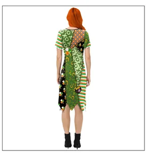 Detail of St. Patrick’s Day dress back showing clover prints and uneven hemline
