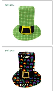 Detail of St. Patrick's Day hats featuring green plaid, lucky clovers, and rainbow prints