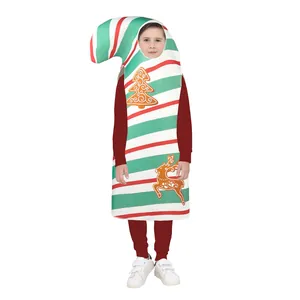 Kids Christmas candy cane stripe costume with hood and festive reindeer patterns
