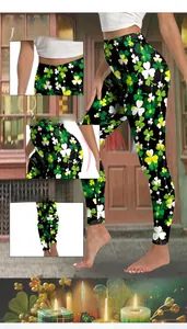 Detail of high waist and elastic hem on St. Patrick's Day clover print yoga leggings