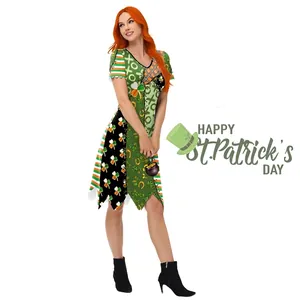 Women St Patricks Day V Neck Short Sleeve Dress Asymmetrical Hem Shamrock Plaid Print Casual Midi Dress Festival Party Costume