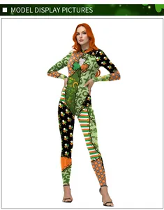 Detail of St. Patrick's Day bodysuit with shamrock prints and patchwork design