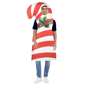 Adult candy cane Christmas costume featuring classic red and white stripes and holly leaf print