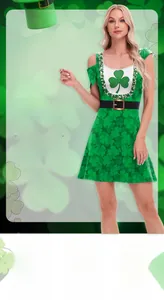 Detail of St. Patrick's Day green dress showing 3D shamrock prints and black waist belt