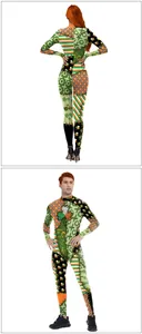 Detailed front and back view of St. Patrick's Day jumpsuit with clover and plaid prints