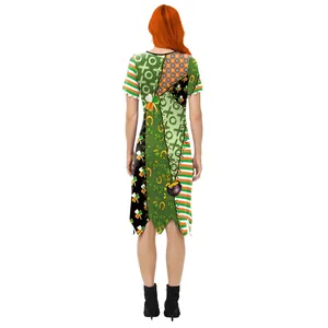 Back view of St. Patrick's Day dress with shamrock print and asymmetrical hemline