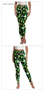 Detailed pattern of St. Patrick's Day leggings featuring green clover digital prints