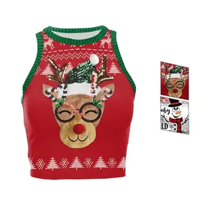 Débardeur Court Femme Noël Imprimé Numérique Renne Bonhomme de Neige Coupe Ajustée Col Rond Haut Festif