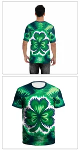 Vorder- und Rückansicht des grünen Batik-T-Shirts mit Kleeblatt für St. Patrick's Day