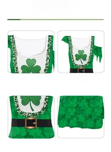 Detail view of the green St. Patrick's Day dress featuring shamrock prints and irregular cuffs