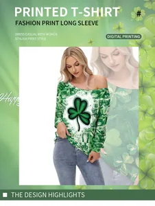 Detail of St. Patrick's Day off-shoulder top with green clover and hat prints
