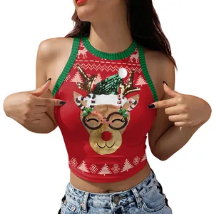 Débardeur court de Noël pour femmes avec motif renne et bordures côtelées vertes de style festif