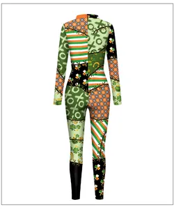 Rear view of St. Patrick's Day patchwork jumpsuit with shamrock and gold coin prints