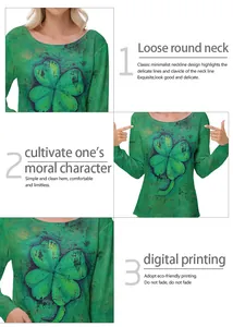 Detail of off-shoulder green top featuring vintage shamrock print and digital printing