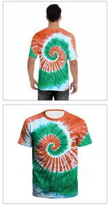 Vorder- und Rückansicht des grün-orangen Spiral-Batikmusters auf dem Baumwoll-T-Shirt