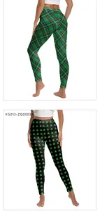 Détail du legging de yoga St. Patrick avec imprimés trèfle et carreaux écossais