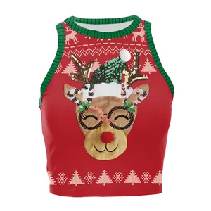 Débardeur court de Noël pour femmes avec imprimé renne et détails festifs à paillettes