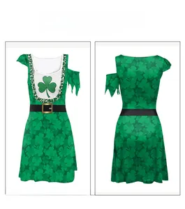 Front and back view of St. Patrick's Day off-shoulder dress with shamrock patterns