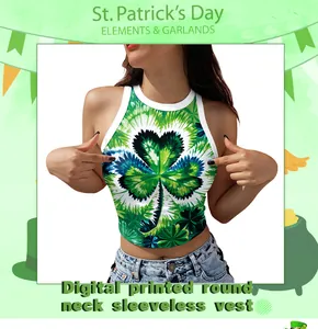 Detail view of women's St. Patrick's Day green shamrock tie-dye printed sleeveless vest