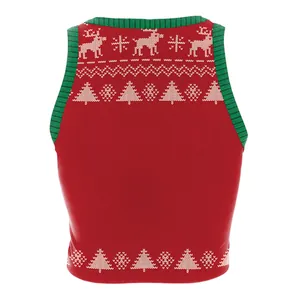 Débardeur court de Noël pour femmes avec imprimé renne rouge et bordures vertes