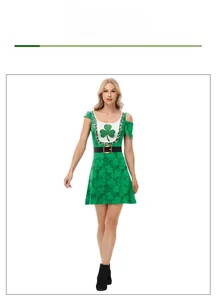 Close-up of Saint Patrick's Day dress with glitter clover and ruffle cold shoulder