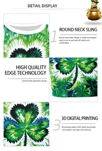 Detail view of St. Patrick’s Day tank top with shamrock print and round neckline