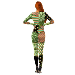 St. Patrick's Day catsuit featuring shamrock prints and orange stripes on white background
