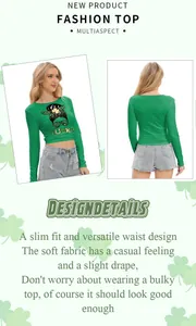 Vista detallada frontal y trasera del crop top verde de manga larga con diseño Lucky