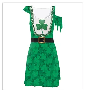 Detail of St. Patrick's Day dress featuring glitter shamrock print and cold shoulder sleeves