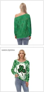 Detail of St. Patrick's Day off-shoulder long sleeve top with shamrock print and marble texture