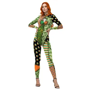 Saint Patrick's Day bodysuit with shamrock print and green plaid patchwork pattern