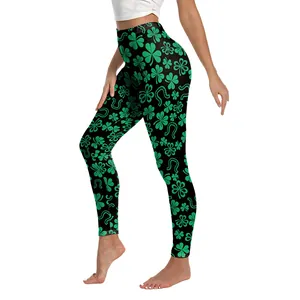 Saint Patrick's Day high waist yoga leggings with green clover and horseshoe print