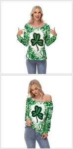 Detail of St. Patrick's Day off-shoulder top with vibrant green shamrock print