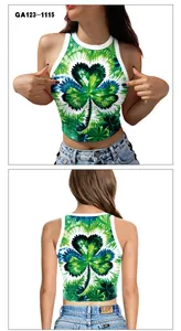 Detail view of St. Patrick’s Day crop top with green shamrock print and tie-dye motifs