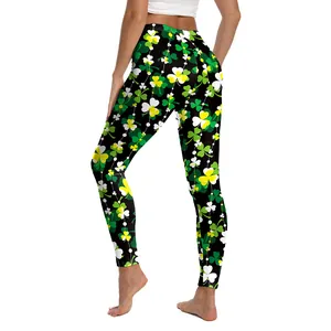 Women's St. Patrick's Day high waist yoga leggings with green clover digital print