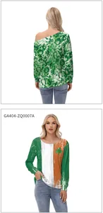 Detail of off-shoulder and crewneck St. Patrick’s Day tops with clover and flag prints