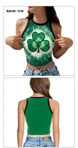 Detail view of St. Patrick's Day crop top with shamrock print and green tie-dye patterns