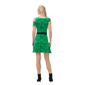 Women's St. Patrick's Day dress featuring shamrock prints and asymmetric shoulder design