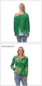 Front and back view of off-shoulder St. Patrick's Day top with green shamrock prints