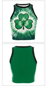 Detail of St. Patrick's Day crop top featuring green clover print and black trim binding