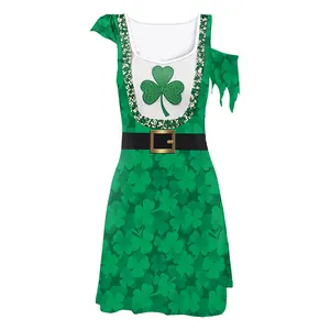 St. Patrick's Day clover dress with irregular sleeves and green shamrock print