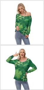 Detail of St. Patrick’s Day off-shoulder green top with shamrock clover prints