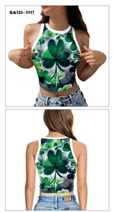 Front and back detail of St. Patrick’s Day green shamrock print crop top with white piping