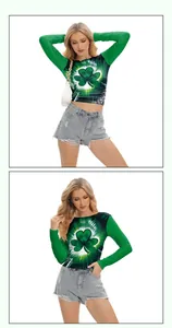 Detalle del top corto de San Patricio con estampado de trébol verde y manga larga