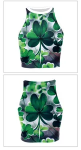 Front and back view of a St. Patrick's Day crop top with green shamrock prints and white trim