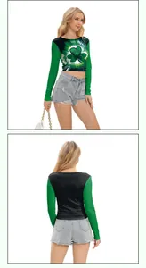 Top corto de manga larga de San Patricio con trébol verde y diseño de patchwork negro
