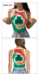 Detailed front and back view of St. Patrick's Day tie-dye crop top with clover print